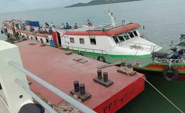 A ferryboat plying the water route between Myeik and Kyunsu is docked at a jetty in Myeik.