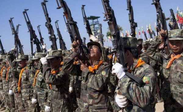 Shan State Army - South (SSA-S) soldiers training at their headquarters in Loi Tai Leng, in Myanmar's northeastern Shan State. Photo: KC Ortiz/AFP