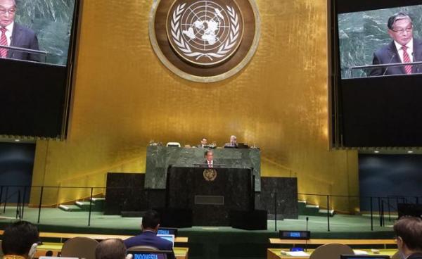 Union Minister U Kyaw Tint Swe delivers the statement at high-level General Debate of the74th Session of the United Nations General Assembly held on 28 September 2019 at the United Nations Headquarters. Photo: MNA