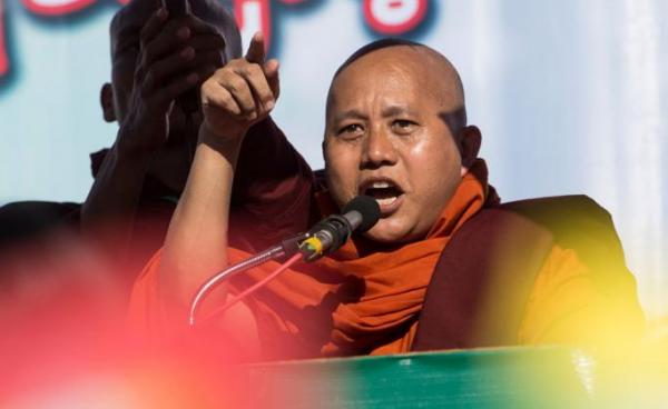 (FILES) In this file photo taken on October 14, 2018 Buddhist monk Wirathu speaks during a rally to show the support to the Myanmar military in Yangon. Photo: Ye Aung Thu/AFP