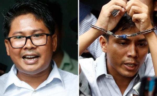 (FILE / COMPOSITE) - A composite image shows Reuters journalists Wa Lone (L) and Kyaw Soe Oo (R) outside the Insein township court in Yangon, Myanmar, 03 September 2018. Photo: Lynn Bo Bo/EPA