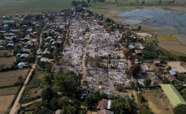 An aerial photo of burnt buildings from fires in Mingin Township, in Sagaing Division, where more than 105 buildings were destroyed by junta military troops, according to local media. Photo: AFP